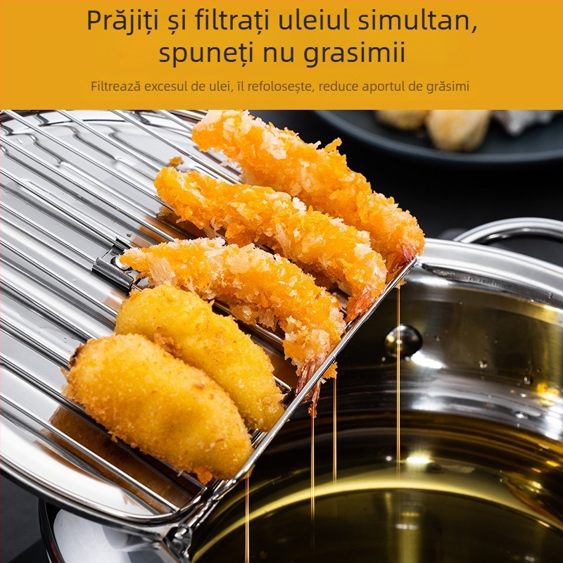 Tigaie adâncă în stil japonez cu termometru, suport de filtrare a uleiului și scurgere, oală mică pentru supă