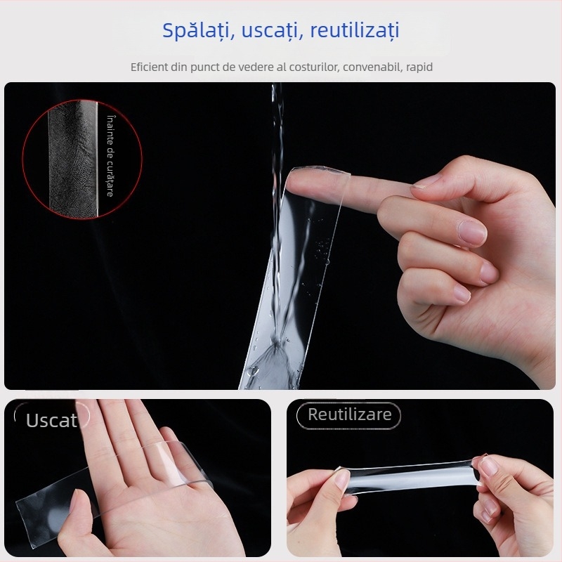 Bandă Nano – bandă dublu adezivă din acril, transparentă, rezistentă la apă, la temperaturi înalte, lavabilă și reutilizabilă