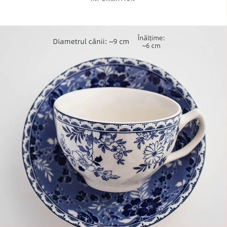 Set de cești de cafea din porțelan albastru-alb, cu cafetieră și bol de cereale, stil britanic, latte