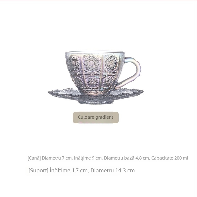 Set de cești de cafea cu pahare din sticlă și farfurioare, nordic lux ușor, design cu floare de soare pentru latte, stil european