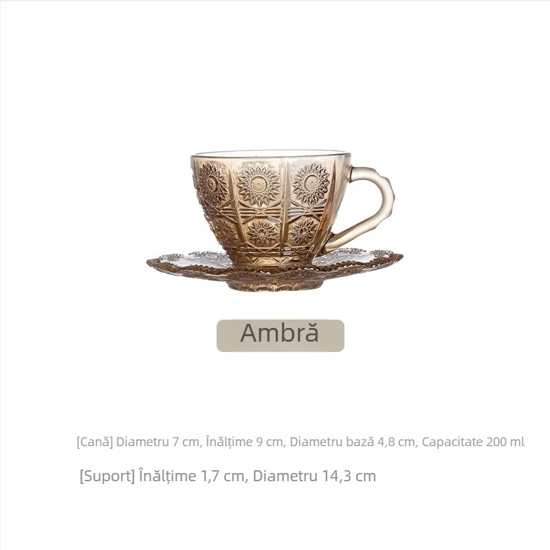 Set de cești de cafea cu pahare din sticlă și farfurioare, nordic lux ușor, design cu floare de soare pentru latte, stil european