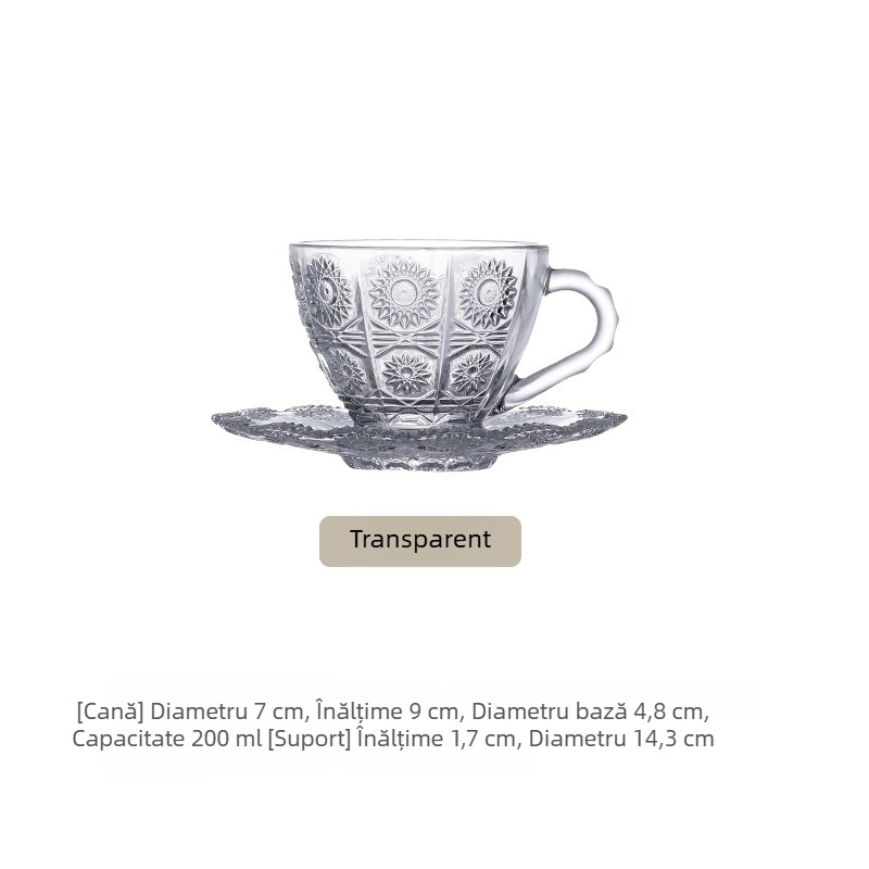 Set de cești de cafea cu pahare din sticlă și farfurioare, nordic lux ușor, design cu floare de soare pentru latte, stil european