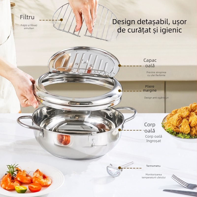Friteză japoneză de tempură din oțel inoxidabil 304, compactă pentru uz casnic, control al temperaturii, tigaie antiaderentă, potrivită pentru plite cu inducție și gaz