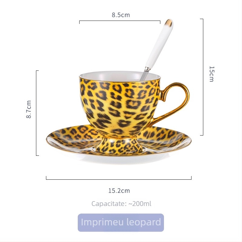 Set de cești de cafea și farfurioare din porțelan, stil european, imprimeu leopard, cu linguriță