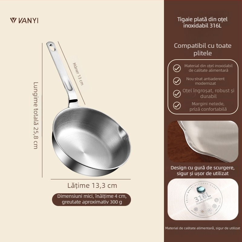 Tigaie plată din oțel inoxidabil 316, netencuită, pentru uz casnic — gătit paste, încălzire lapte, hrană pentru bebeluși, porție individuală, prăjire și aburire