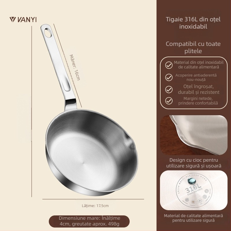 Tigaie plată din oțel inoxidabil 316, netencuită, pentru uz casnic — gătit paste, încălzire lapte, hrană pentru bebeluși, porție individuală, prăjire și aburire