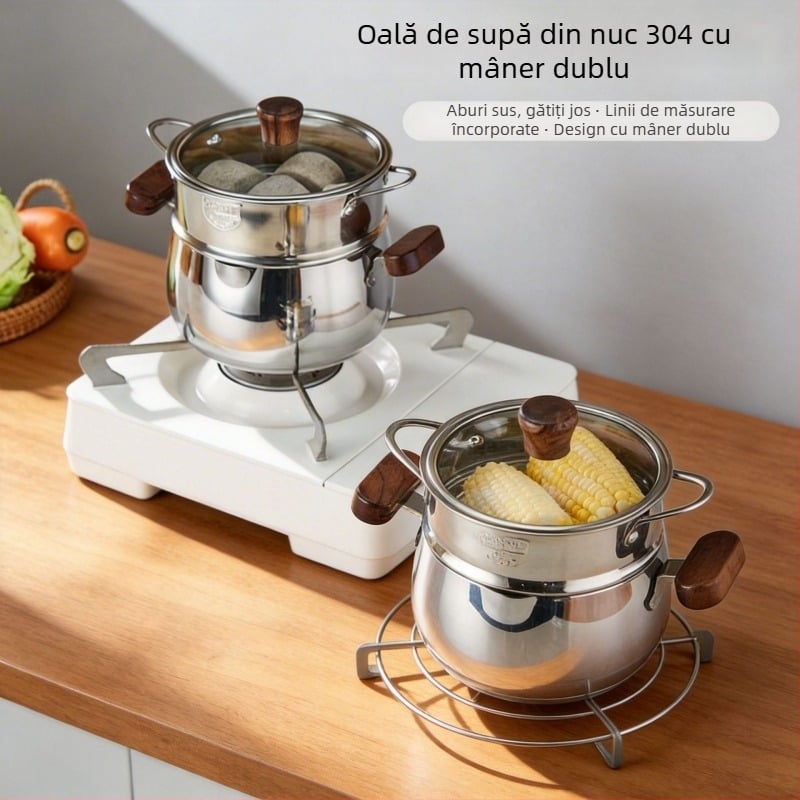 Oală de supă din oțel inoxidabil 304 cu mâner din lemn, mâner dublu, aburitor cu două niveluri, pentru uz casnic, oală mică pentru hrana bebelușilor