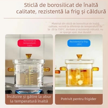 Oală de supă din sticlă transparentă, mică, cu scară de măsurare, mâner dublu și capac – potrivită pentru gătit la abur ouă și fiert lapte