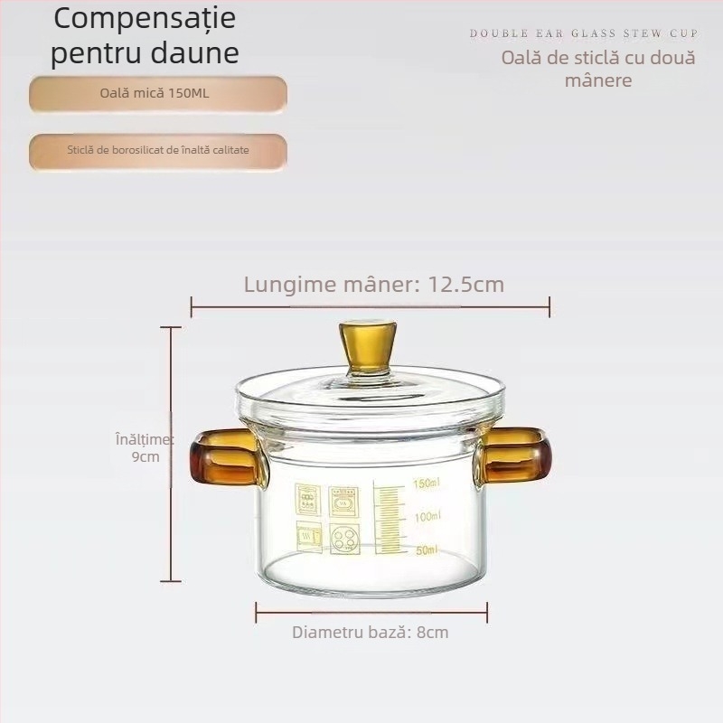 Oală de supă din sticlă transparentă, mică, cu scară de măsurare, mâner dublu și capac – potrivită pentru gătit la abur ouă și fiert lapte
