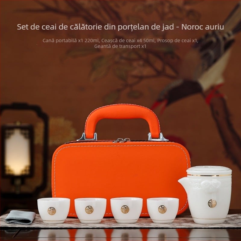 Set de ceai de călătorie cu un ceainic și patru cești, design simplu anti-arsură, portabil cu finisaj asemănător jadului, set cadou