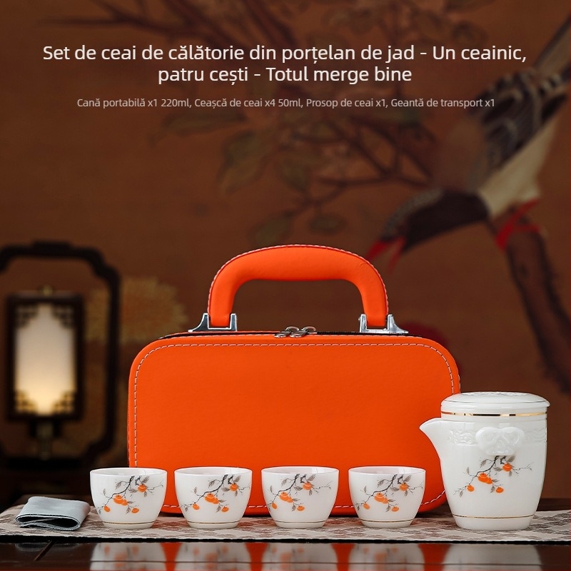Set de ceai de călătorie cu un ceainic și patru cești, design simplu anti-arsură, portabil cu finisaj asemănător jadului, set cadou