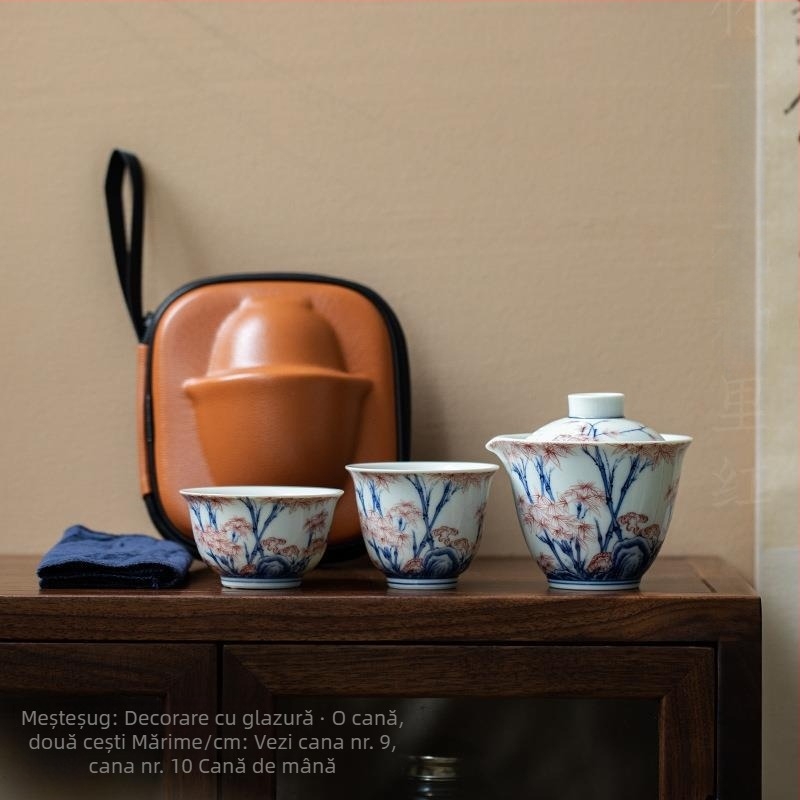 Set de ceai Kung Fu pentru călătorii, ceramică alb-bleu, cu o ceainică și două cești, într-o husă portabilă