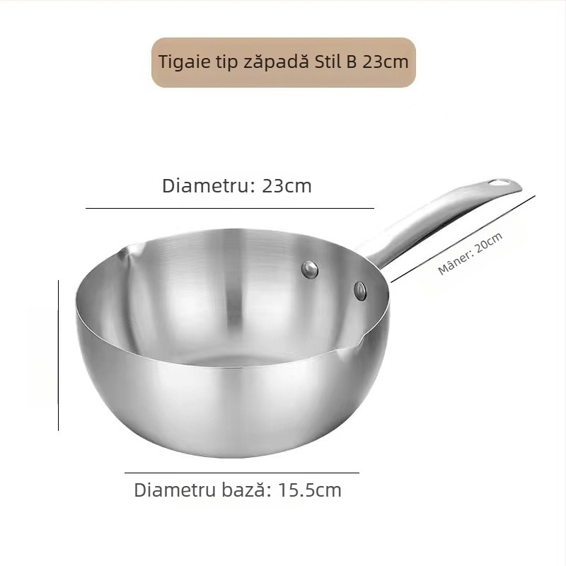 Tigaie Yukihira din oțel inoxidabil, stil japonez, grosime extra, pentru ramen, compatibil gaz și inducție, mâner din lemn, fără acoperire