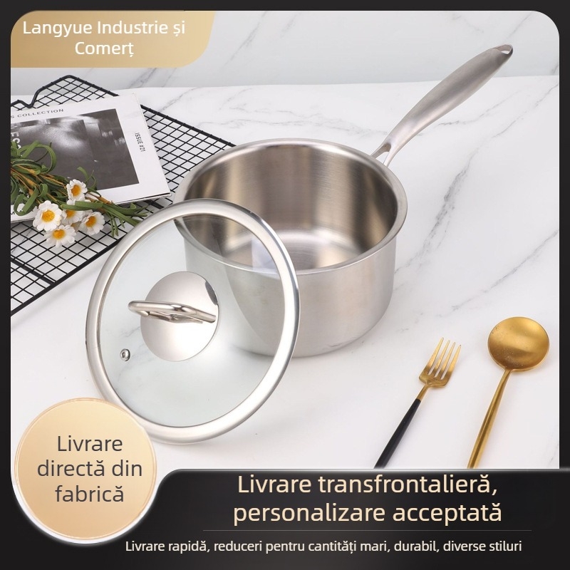 Oală de tocană din oțel inoxidabil, cu mâner unic, fund din trei straturi, oală mică pentru supe cu fund plat, pentru bucătărie