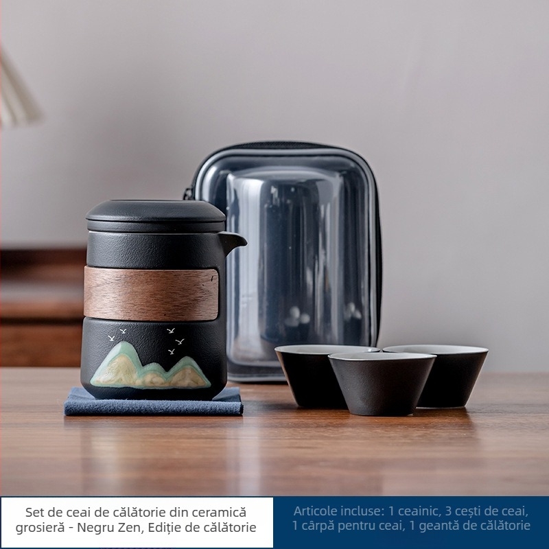 Set ceramic de ceai pentru călătorii, camping – o ceainică și trei cești, stil vintage, cadou cu siglă