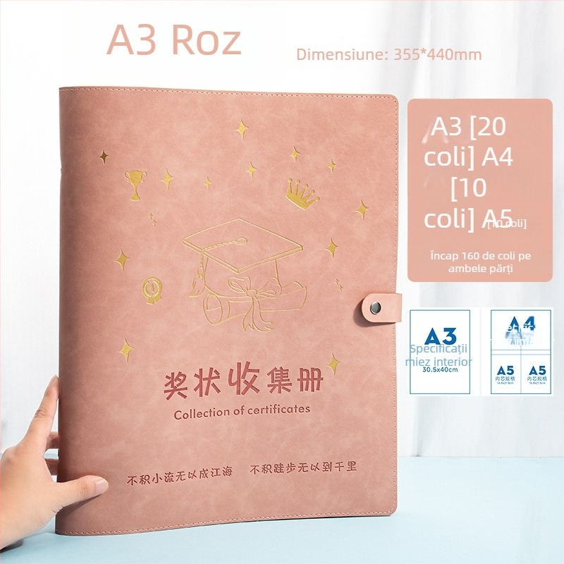 Album pentru certificatele copiilor, format A3/A4, piele premium, pentru premii și documente