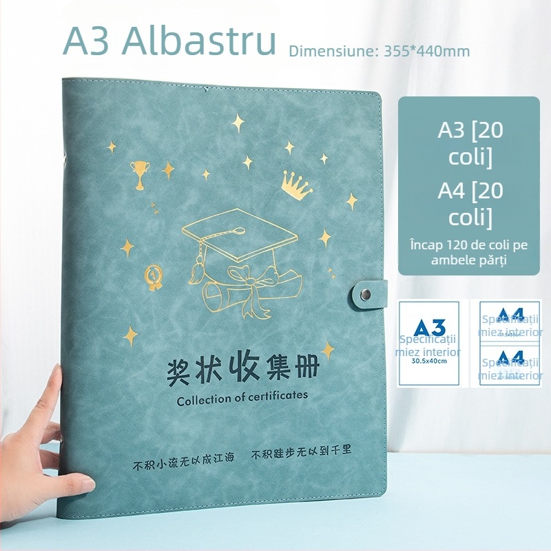 Album pentru certificatele copiilor, format A3/A4, piele premium, pentru premii și documente