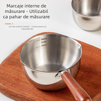 Oală mini pentru ulei, 300 ml, cu scară, lingură de măsurare aurie și cană de măsurare din oțel inoxidabil, încălzibilă, pentru bucătărie