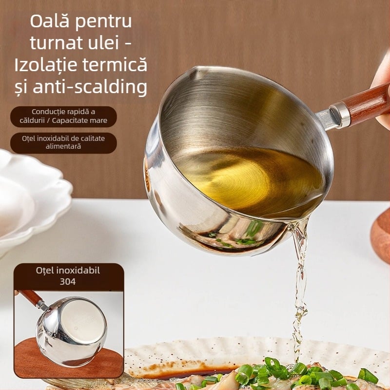 Oală mini pentru ulei, 300 ml, cu scară, lingură de măsurare aurie și cană de măsurare din oțel inoxidabil, încălzibilă, pentru bucătărie