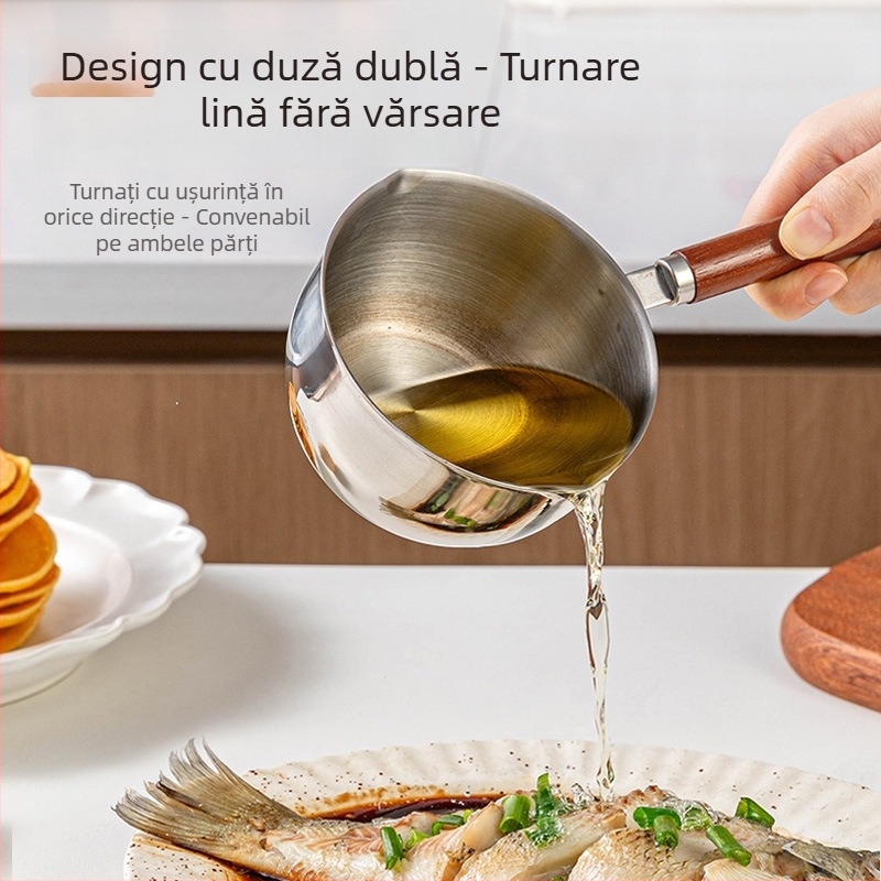 Oală mini pentru ulei, 300 ml, cu scară, lingură de măsurare aurie și cană de măsurare din oțel inoxidabil, încălzibilă, pentru bucătărie