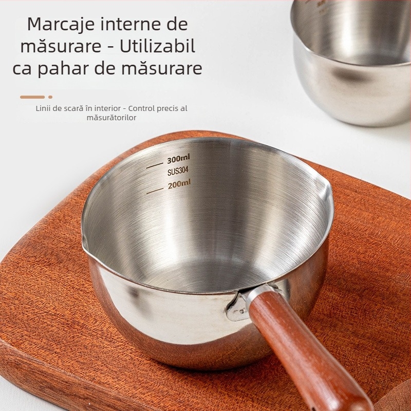 Oală mini pentru ulei, 300 ml, cu scară, lingură de măsurare aurie și cană de măsurare din oțel inoxidabil, încălzibilă, pentru bucătărie