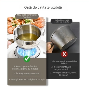 Oală mică pentru ulei, din oțel inoxidabil 304, multifuncțională, cu ieșire de scurgere a uleiului și linguriță pentru condimente