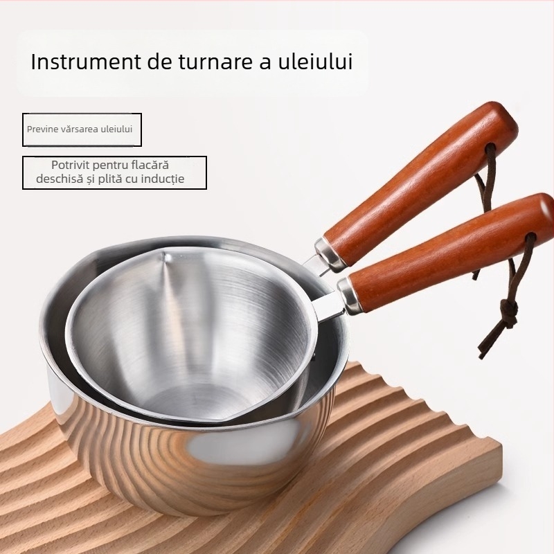 Oală mică pentru ulei, din oțel inoxidabil 304, multifuncțională, cu ieșire de scurgere a uleiului și linguriță pentru condimente
