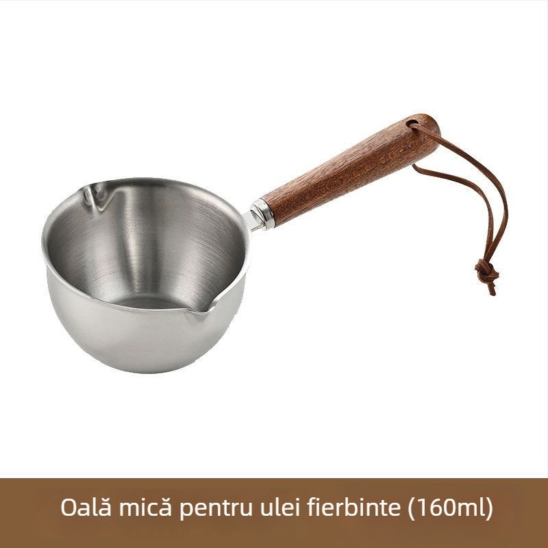 Oală mică pentru ulei, din oțel inoxidabil 304, multifuncțională, cu ieșire de scurgere a uleiului și linguriță pentru condimente