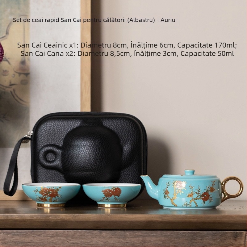 Set de ceainic și două cești pentru călătorii – ceainic ceramic portabil, pentru exterior, stil retro luxos, cutie cadou