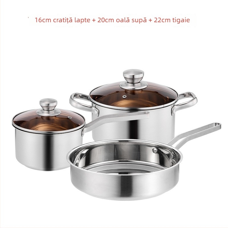Set de vase din oțel inoxidabil îngroșat cu bază din oțel compozit: oală de lapte, oală de supă și wok