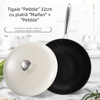 Tigaie wok cu suprafață Maifanit, textură piatră, antiaderentă, bază plată, pentru uz casnic, fum redus, compatibilă cu inducția