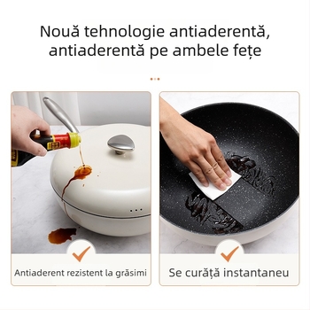 Tigaie wok cu suprafață Maifanit, textură piatră, antiaderentă, bază plată, pentru uz casnic, fum redus, compatibilă cu inducția