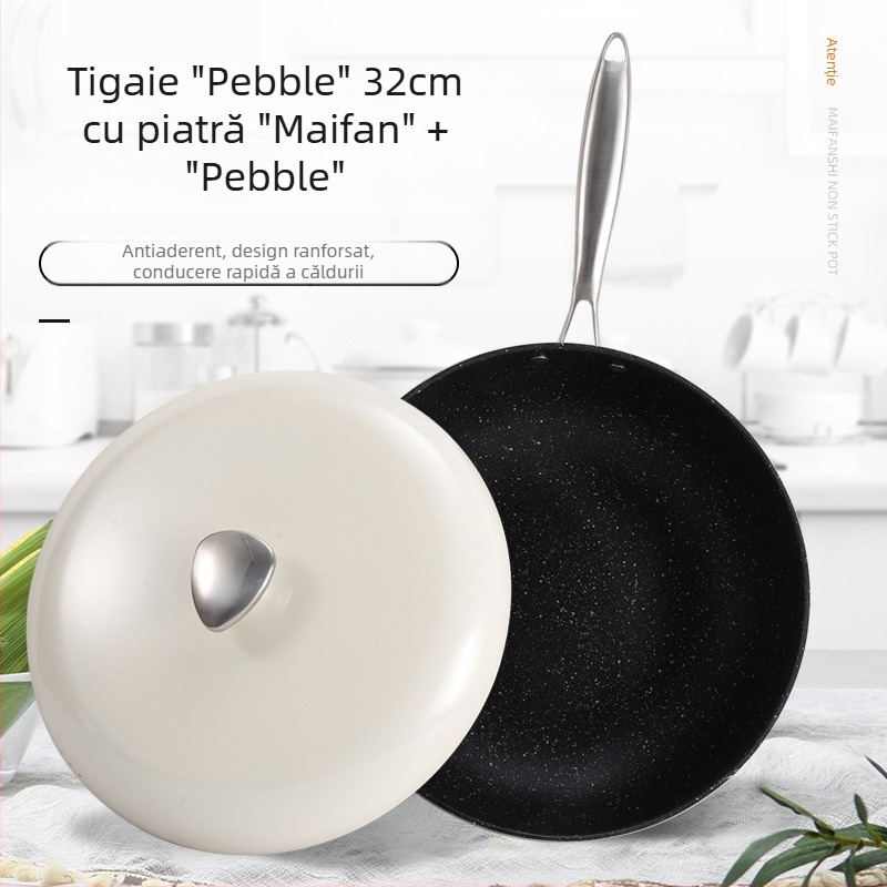 Tigaie wok cu suprafață Maifanit, textură piatră, antiaderentă, bază plată, pentru uz casnic, fum redus, compatibilă cu inducția