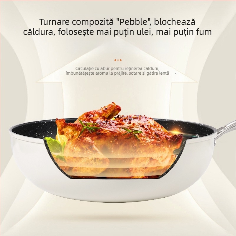 Tigaie wok cu suprafață Maifanit, textură piatră, antiaderentă, bază plată, pentru uz casnic, fum redus, compatibilă cu inducția