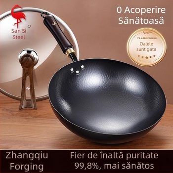 Wok din fier pur, forjat manual, cu bază rotundă tradițională pentru gătit acasă