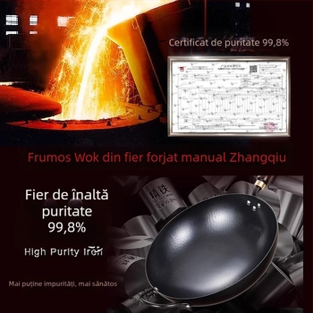 Wok din fier pur, forjat manual, cu bază rotundă tradițională pentru gătit acasă