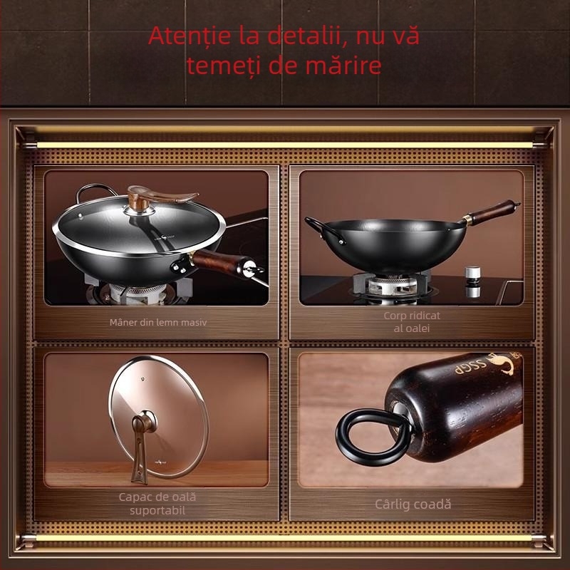 Wok din fier pur, forjat manual, cu bază rotundă tradițională pentru gătit acasă