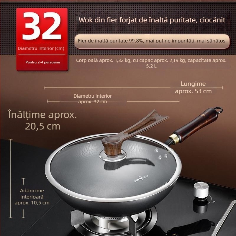 Wok din fier pur, forjat manual, cu bază rotundă tradițională pentru gătit acasă