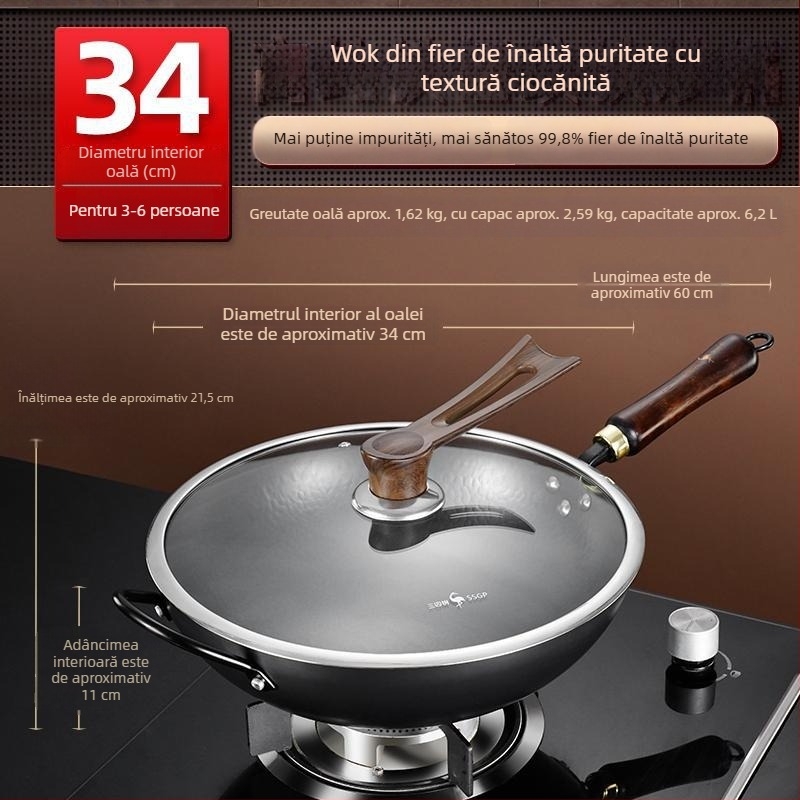 Wok din fier pur, forjat manual, cu bază rotundă tradițională pentru gătit acasă