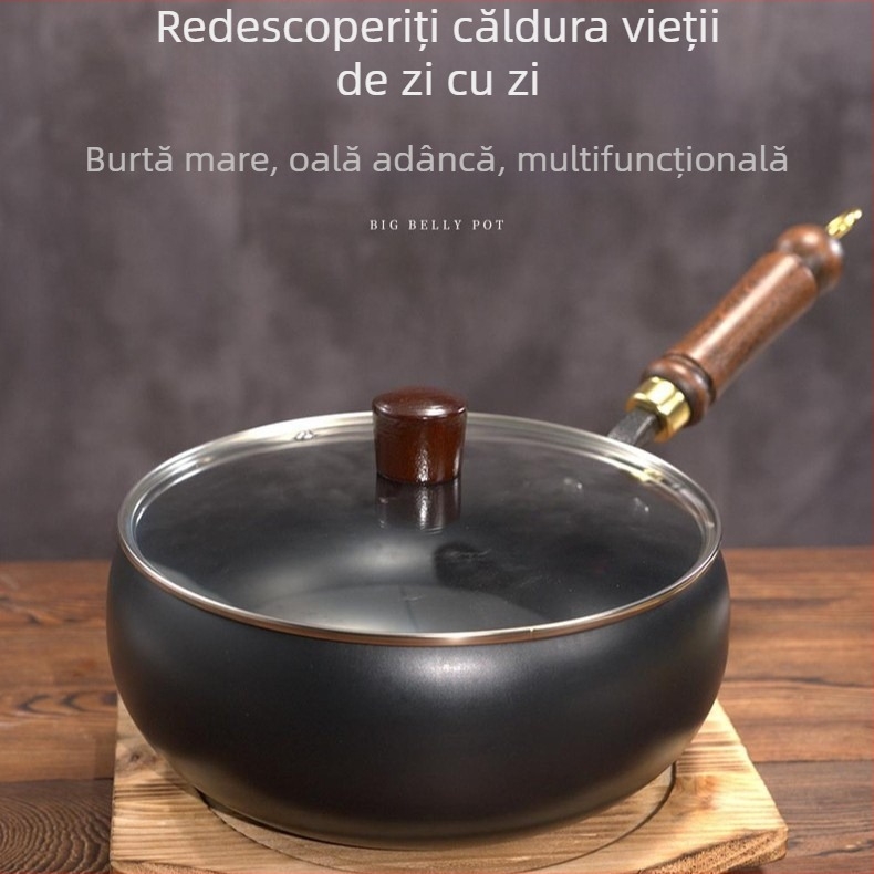 Mini oală din fier pentru uz casnic, tigaie adâncă fără strat, bază plată, capac de sticlă, design tradițional cu burtă mare