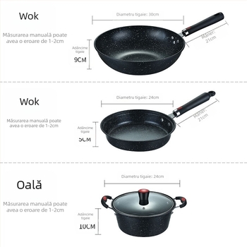 Set de vase din piatră Maifan, antiaderent, 3 piese — wok 30 cm, tigaie plată 24 cm și oală de supă 24 cm, în cutie cadou