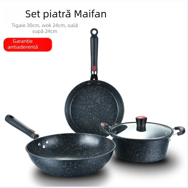 Set de vase din piatră Maifan, antiaderent, 3 piese — wok 30 cm, tigaie plată 24 cm și oală de supă 24 cm, în cutie cadou
