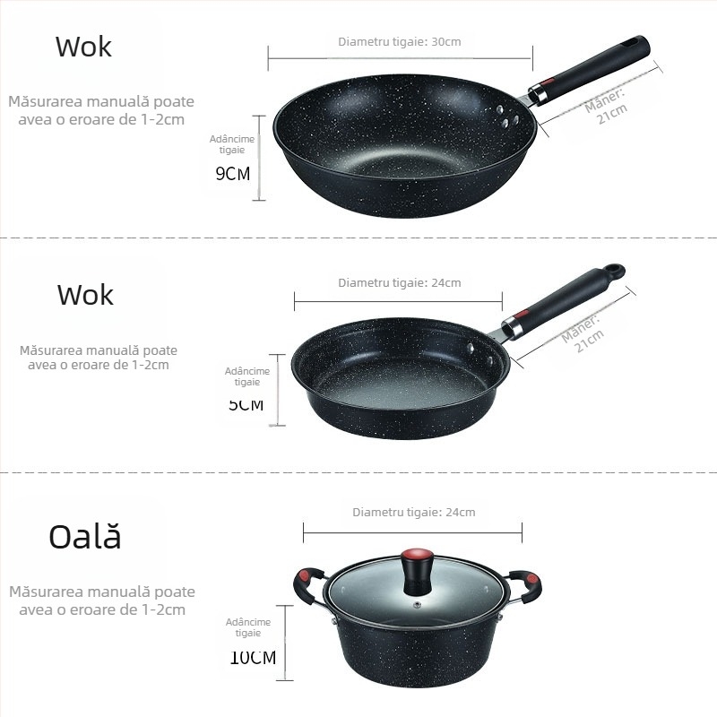 Set de vase din piatră Maifan, antiaderent, 3 piese — wok 30 cm, tigaie plată 24 cm și oală de supă 24 cm, în cutie cadou