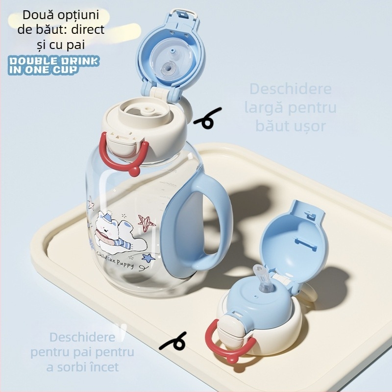 Little Tea Diary Cana de apă pentru copii, cu pai, recipient plastic portabil cu capac ce se deschide prin apăsare, pentru grădiniță