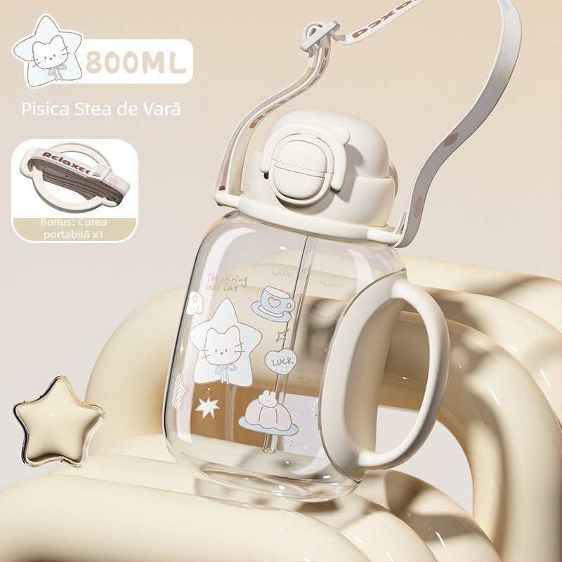 Little Tea Diary Cana de apă pentru copii, cu pai, recipient plastic portabil cu capac ce se deschide prin apăsare, pentru grădiniță