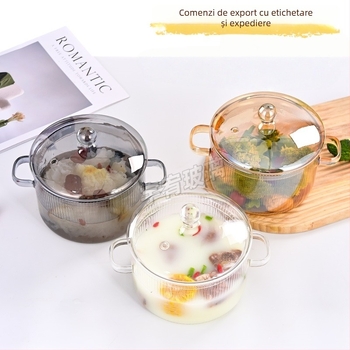 Oală mare din sticlă borosilikată, rezistentă la temperatură, cu două mânere și capac, potrivită pentru supe cu tăiței instant, compatibilă cu flacără deschisă sau plită ceramică, vas de sticlă pentru gătit sănătos