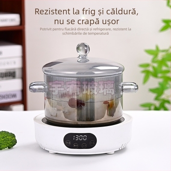 Oală mare din sticlă borosilikată, rezistentă la temperatură, cu două mânere și capac, potrivită pentru supe cu tăiței instant, compatibilă cu flacără deschisă sau plită ceramică, vas de sticlă pentru gătit sănătos