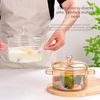 Oală mare din sticlă borosilikată, rezistentă la temperatură, cu două mânere și capac, potrivită pentru supe cu tăiței instant, compatibilă cu flacără deschisă sau plită ceramică, vas de sticlă pentru gătit sănătos