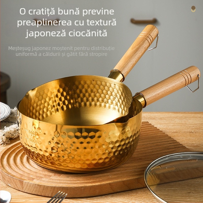 Oală din oțel inoxidabil în stil japonez, cu mâner din lemn, mic vas pentru lapte pentru bebeluși, vas pentru hrănire și supă cu textură ciocănită