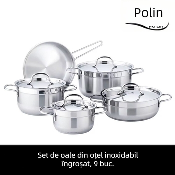 Set de 9 oale din oțel inoxidabil pentru supă, cu fund din cinci straturi și capace din sticlă